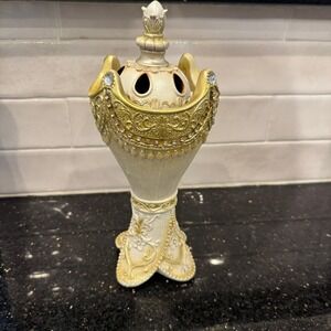 Ornate Baroque Resin Incense Burner Cream Gold Rhinestone Censer Decor